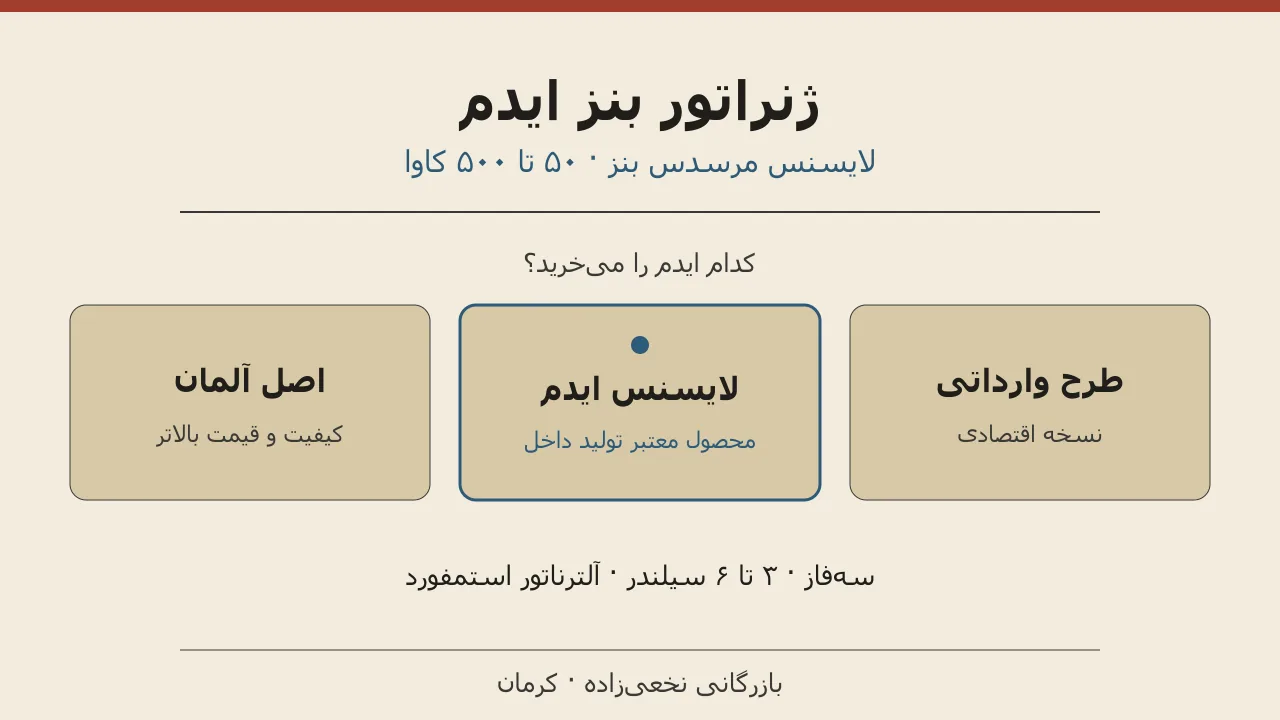 ژنراتور بنز ایدم: مشخصات، لایسنس مرسدس بنز و خرید
